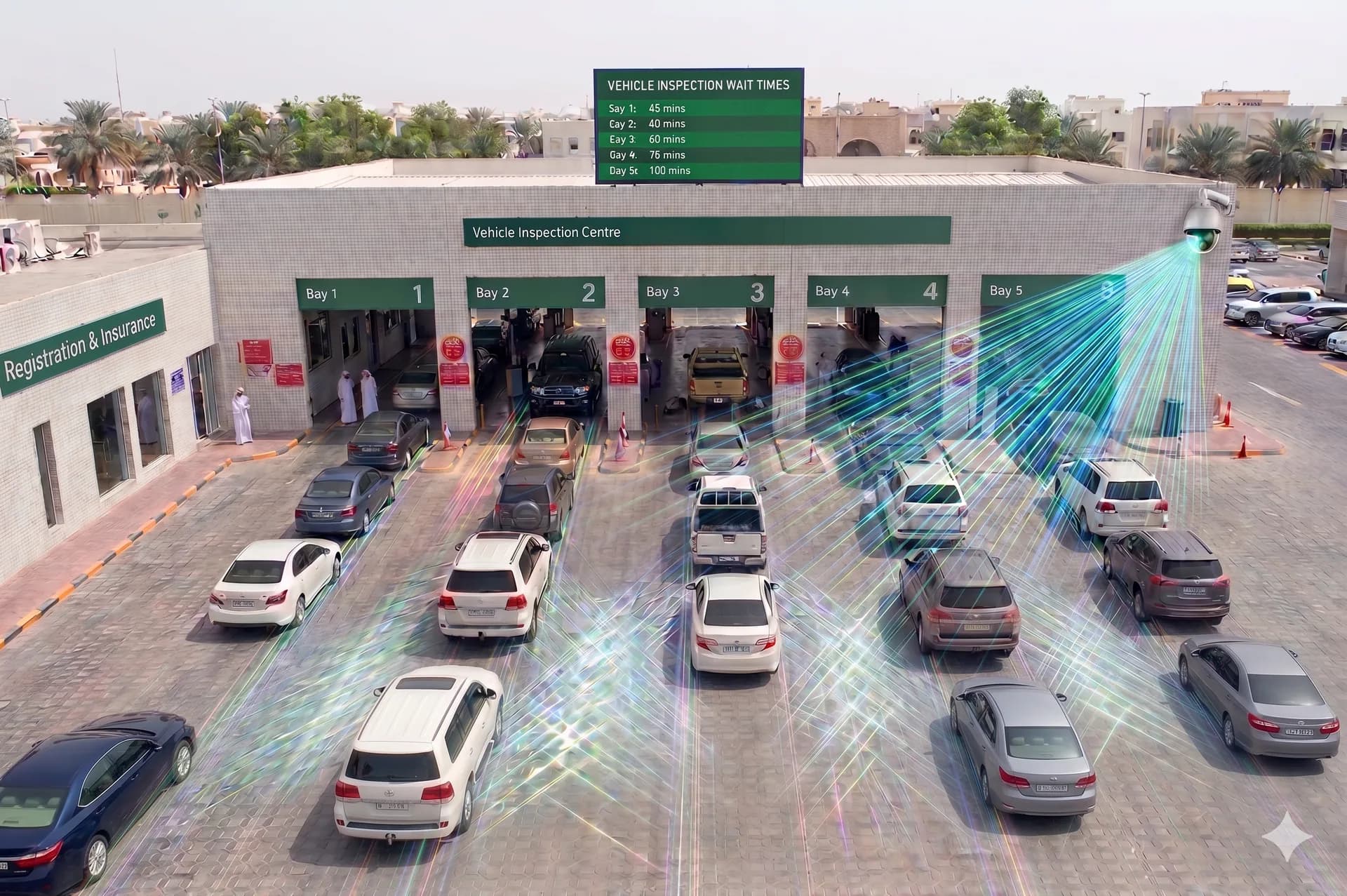 Vision AI vehicle-inspection center: cameras tracking vehicles through the inspection lanes in real time.